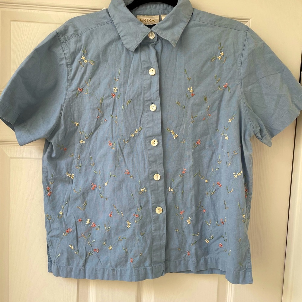 Baby Blue floral embroidered button up ERIKA COLLECTION